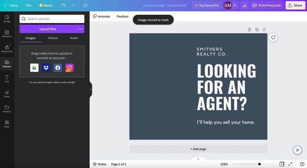 How to Make a Stunning Postcard Design in Canva 2 Upload screen for custom postcard images in Canva template