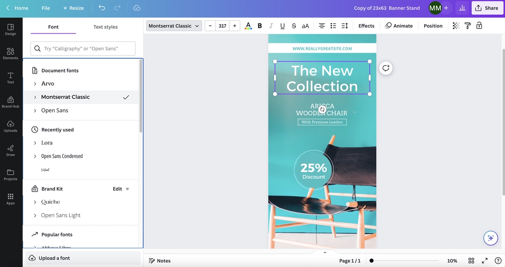 Changing fonts and text in Canva banner stand template