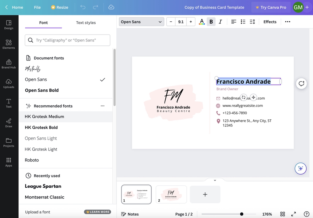 Replacing font on business card template in Canva