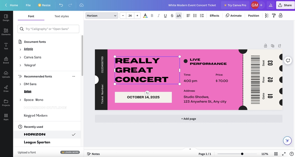 Your Guide to Custom Event Ticket Printing 3 Changing the fonts for an event ticket design in Canva before printing with Little Rock