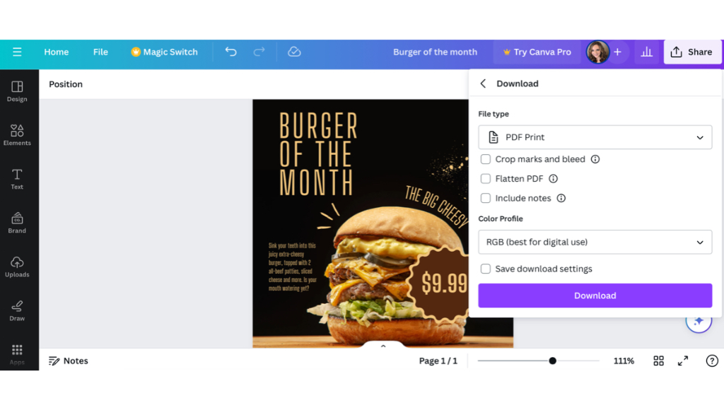 How to Design Counter Cards & Tent Cards in Canva 6 Downloading a PDF Print file from Canva for a tent card printing job