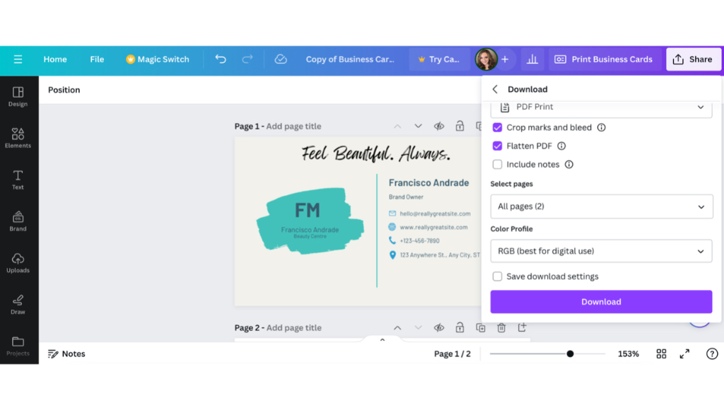 How to Design Custom Business Cards in Canva 5 Downloading a PDF print file for a business card design in Canva