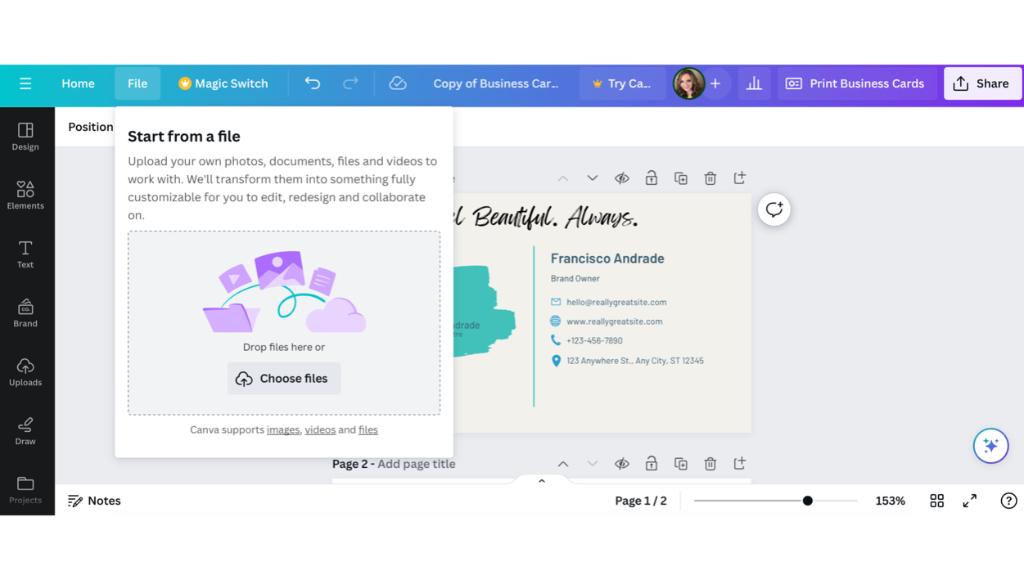 How to Design Custom Business Cards in Canva 4 Choosing photo files to upload for a business card design in Canva
