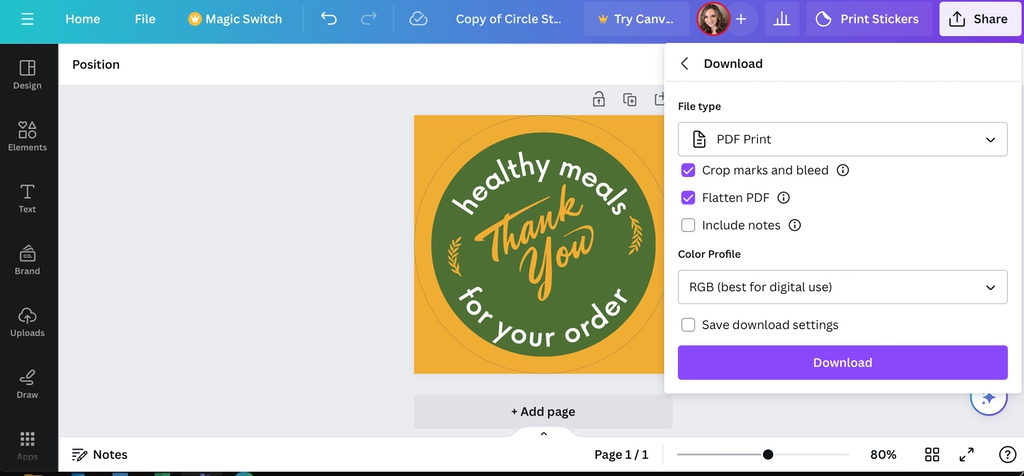 Selecting the PDF Print file type in Canva