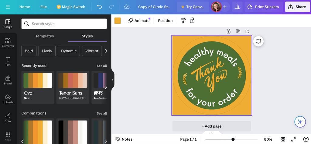 Selecting the Ovo style color scheme for a custom sticker design in Canva