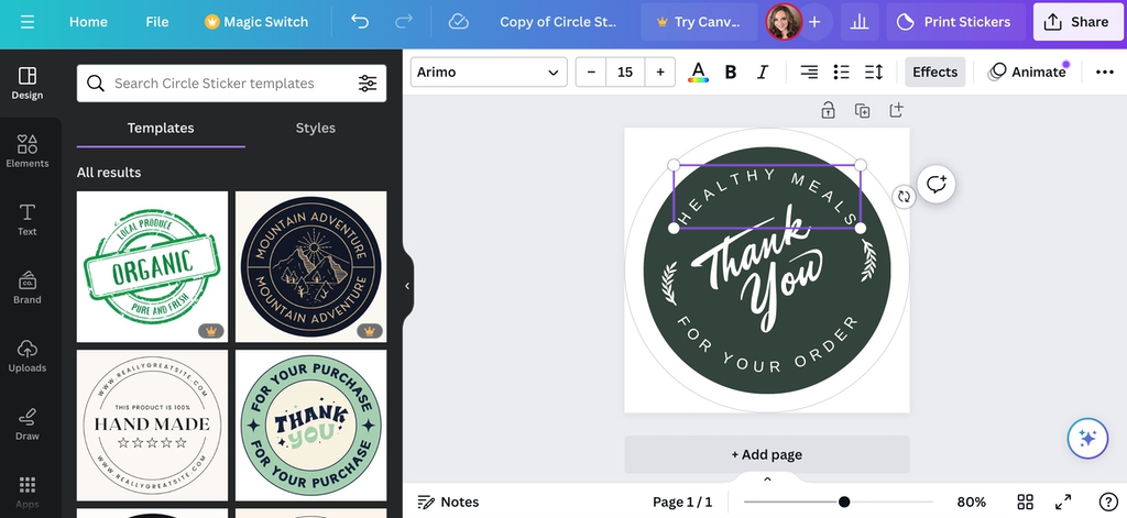 Selecting a custom sticker text box in Canva