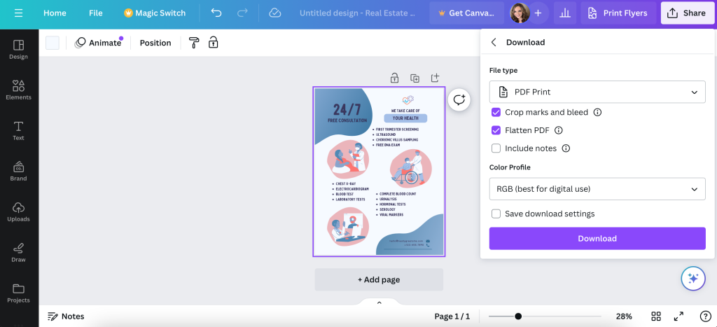 Downloading the final custom flyer design as a print-friendly PDF