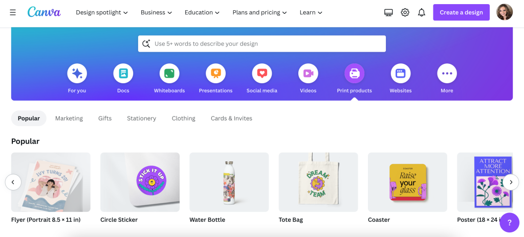 Selecting a print product template design in Canva
