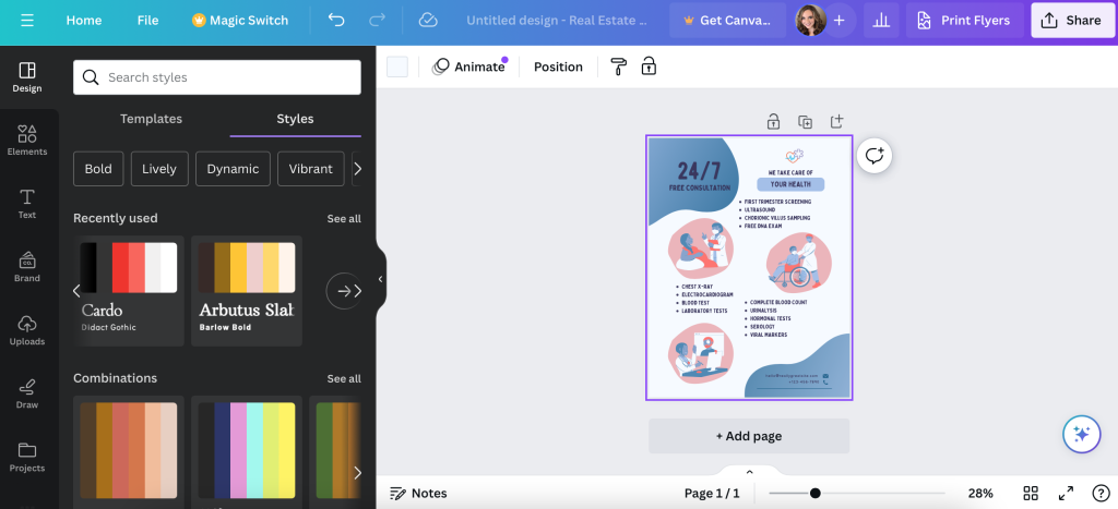 Choosing a new colour palette for a custom flyer through Canva's Styles tool