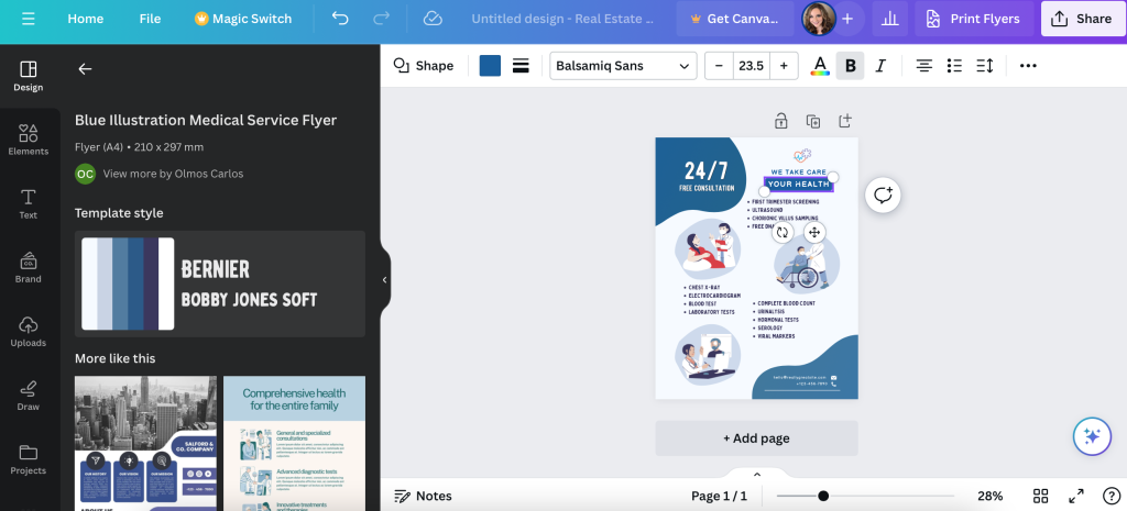 Selecting the text box to replace the placeholder text for a custom flyer in Canva