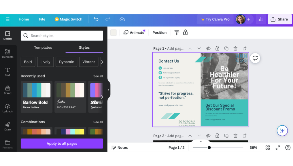 How to Design Custom Brochures Using Canva 4 Choosing a colour palette style in Canva for a custom brochure design