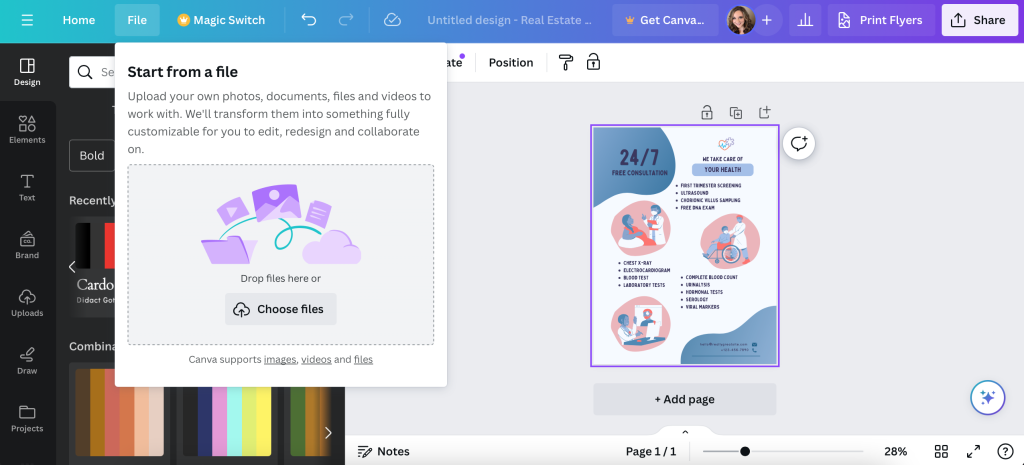 Choosing files to upload into Canva for a custom flyer