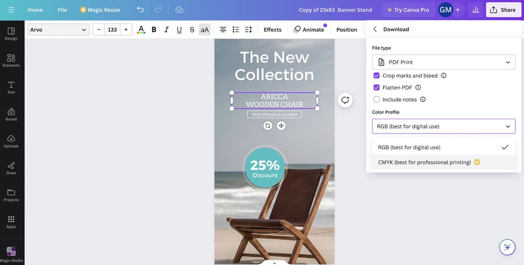 Adjusting print-ready banner stand design in Canva for printing by Little Rock
