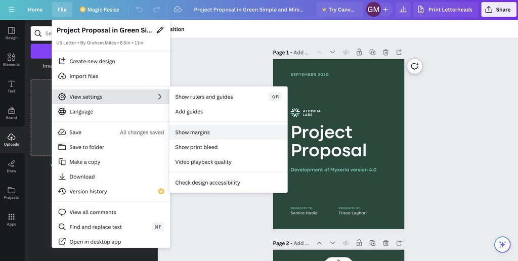 How to Design & Print Custom Documents Using Canva 2 Adjusting canvas settings in Canva before editing document template for project proposal