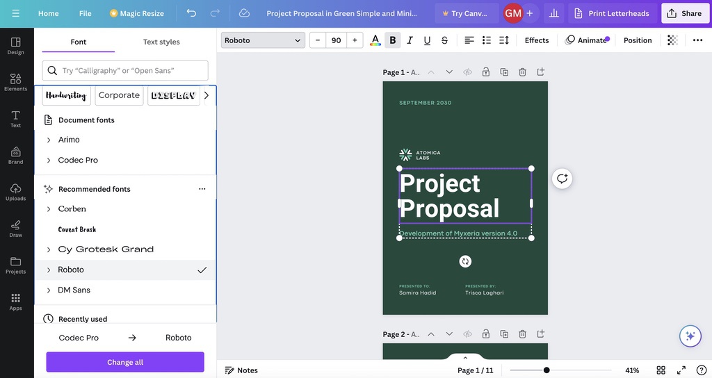 How to Design & Print Custom Documents Using Canva 5 Changing font for document title in Canva