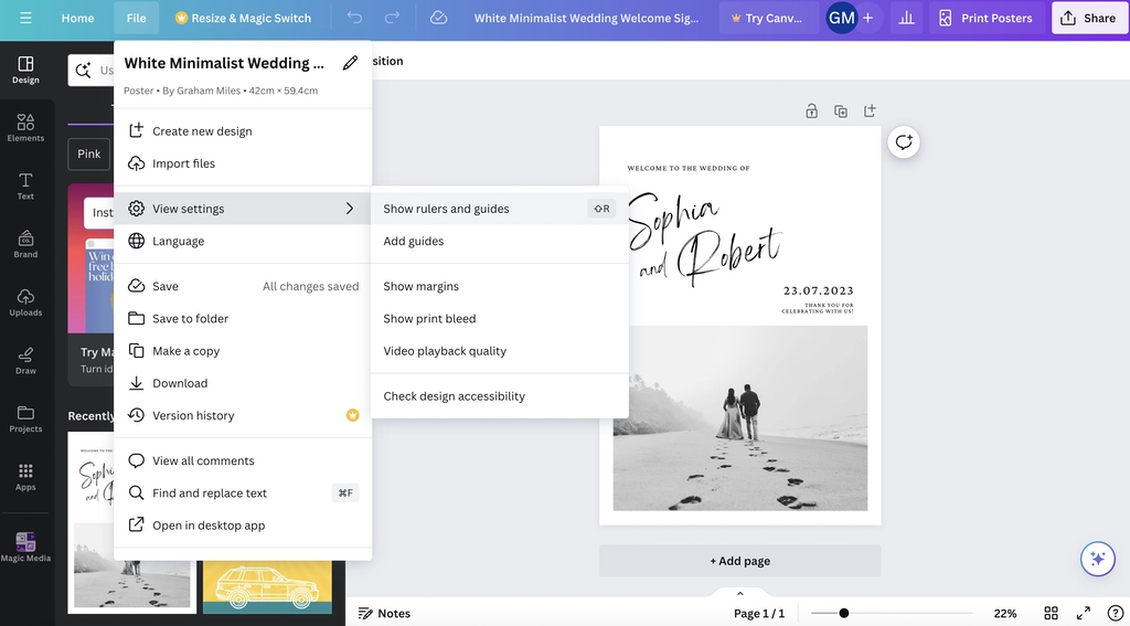 Viewing settings for coroplast sign in Canva