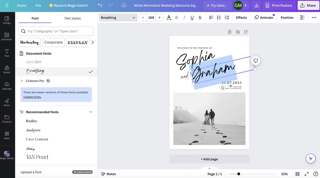 Customizing fonts on coroplast sign in Canva