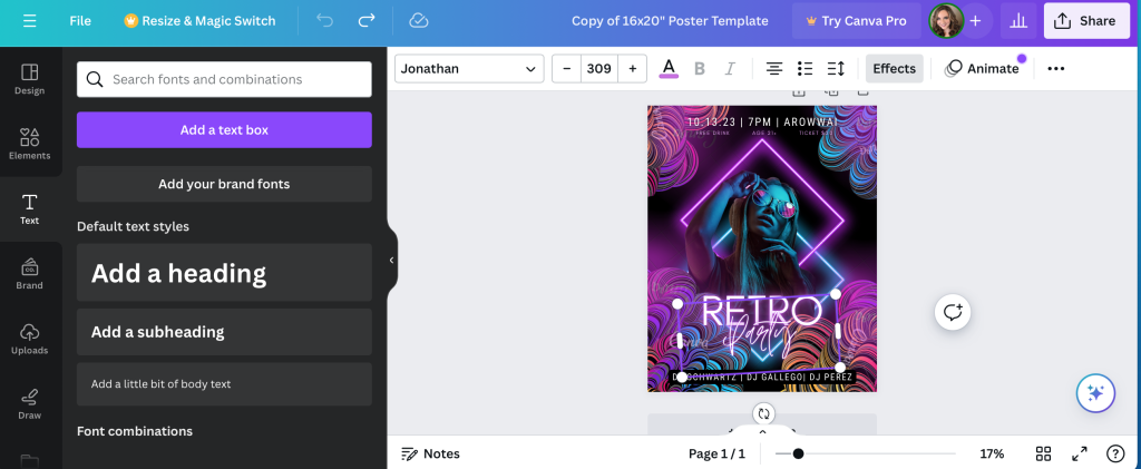 Editing the text box in Canva for a custom poster design