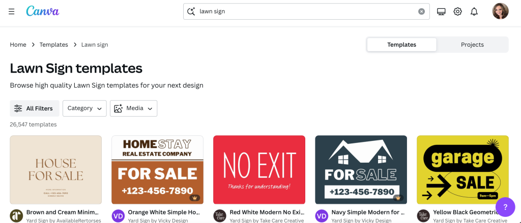 Custom lawn sign template options in Canva