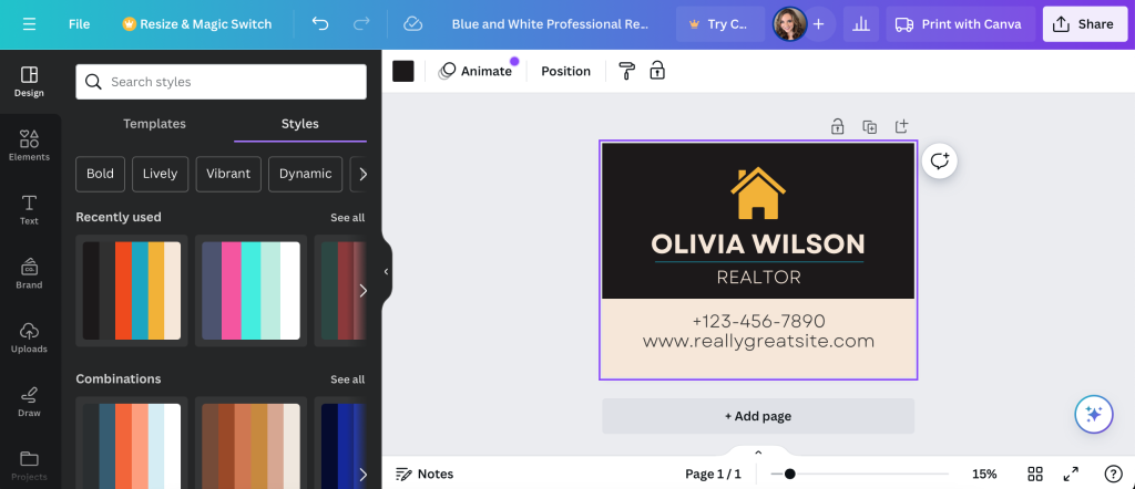 Using the select styles tool in Canva for a custom lawn sign