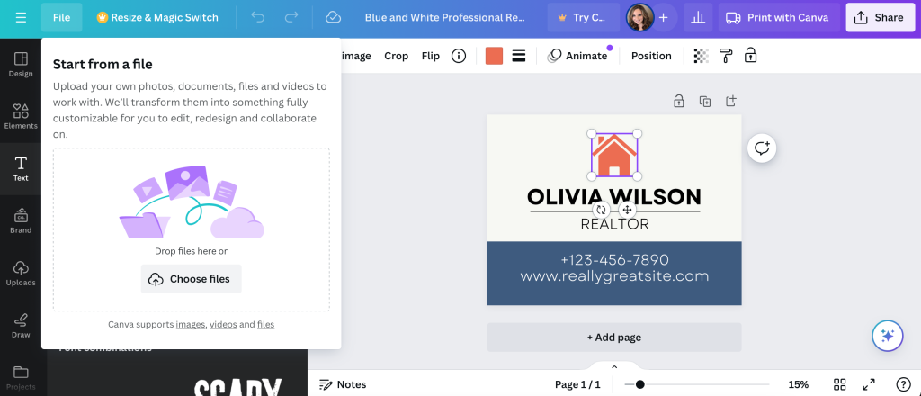 Using the choose files tool in Canva for a custom lawn sign