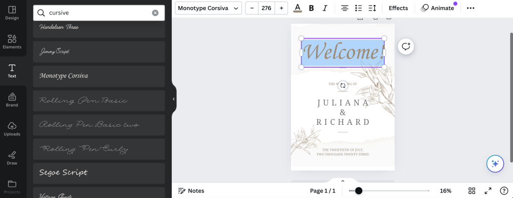Canva's font tool for a custom wedding poster board