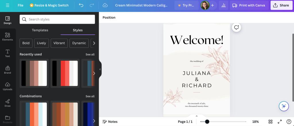 Canva's styles tool for a custom wedding poster board