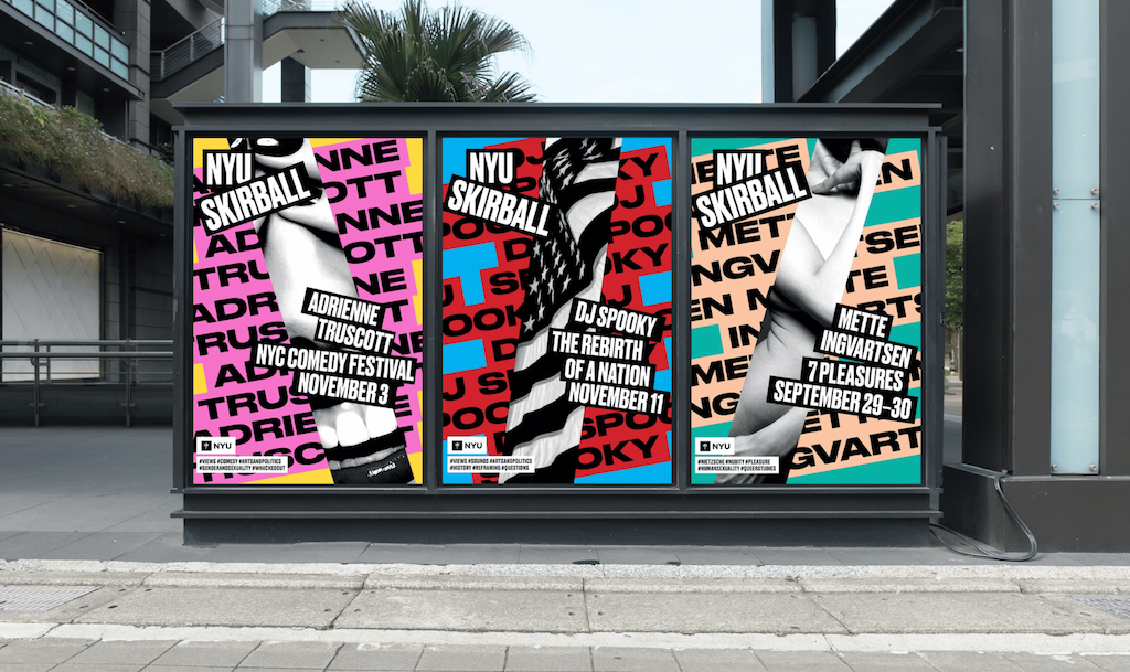 Collage-like NYU event posters on display on the street