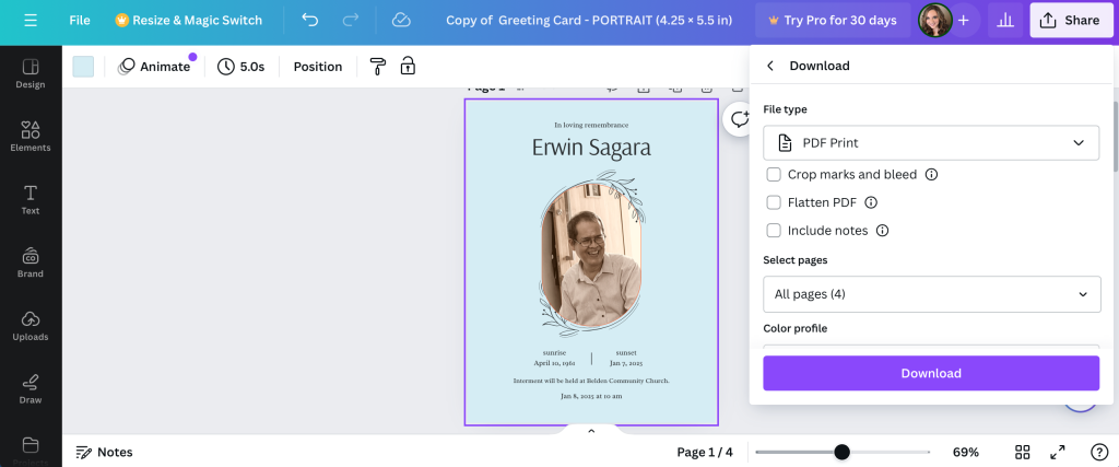 How to Use Canva to Design a Memorial Card for a Funeral Service 6 Canva's download tool for custom memorial cards