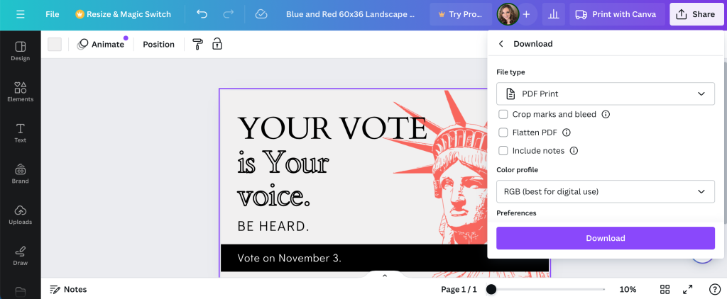 Canva's download tool for outdoor banners