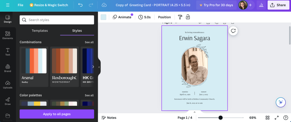 How to Use Canva to Design a Memorial Card for a Funeral Service 5 Canva's styles tool for custom memorial cards