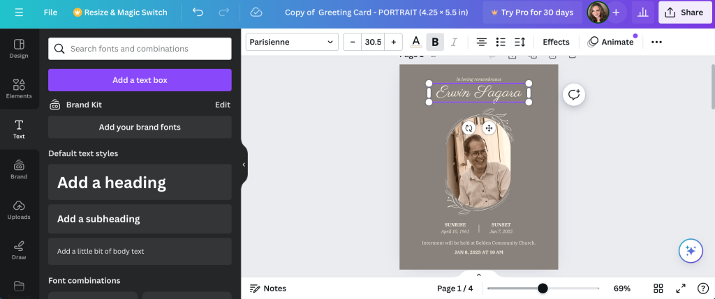 How to Use Canva to Design a Memorial Card for a Funeral Service 3 Canva's text tool for custom memorial cards