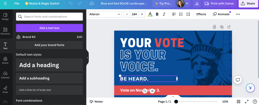 Canva's text tool for outdoor banner designs