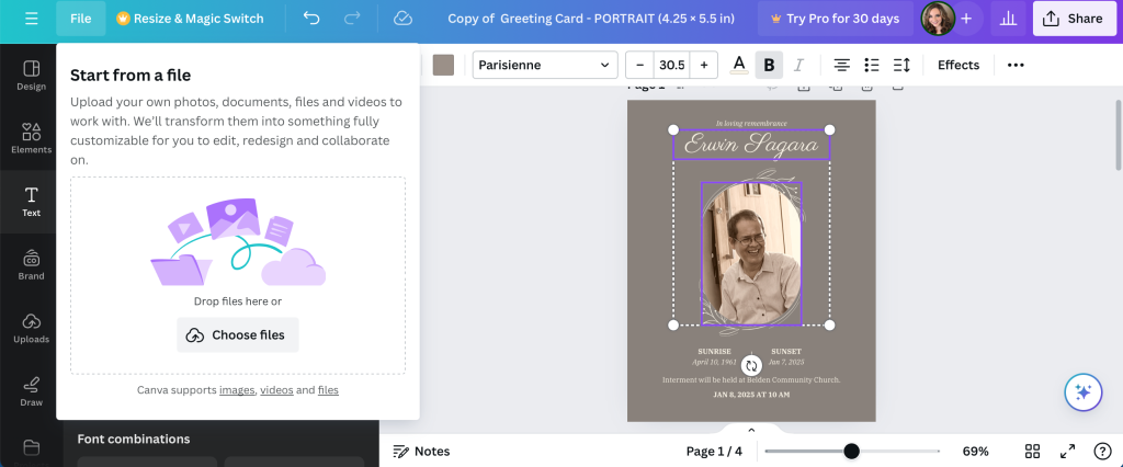 How to Use Canva to Design a Memorial Card for a Funeral Service 4 Canva's upload image tool for custom memorial cards