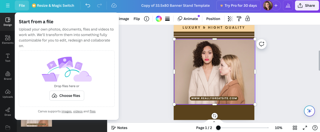 How to Design a Roll Up Banner Stand in Canva 4 Canva's upload photos tool for designing banner stands
