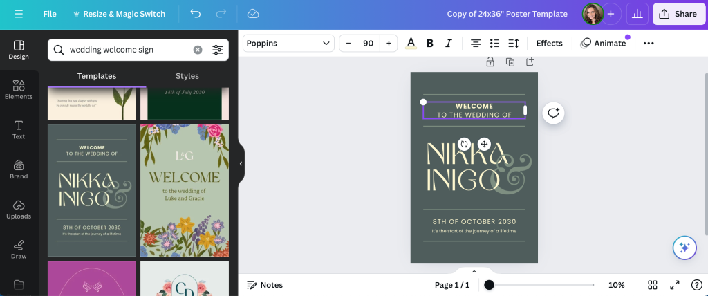 How to Create a Welcome Poster Board For Your Wedding in Canva 2 Selecting a wedding welcome sign template in Canva
