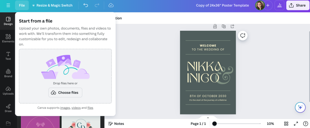 How to Create a Welcome Poster Board For Your Wedding in Canva 3 Choose files tool in Canva for wedding welcome sign template
